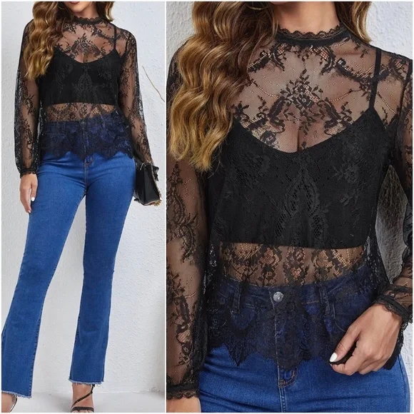 Romantic Sheer Floral lace Long sleeve Blouse - Picture 2 of 10
